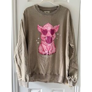 Simply Southern Pink‎ Pig Graphic Crewneck Sweatshirt Taupe Size L